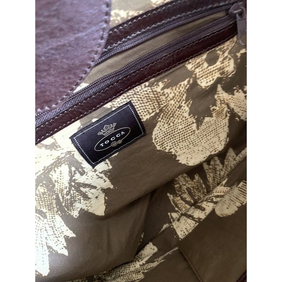 Tocca Natural Straw Wood  Brown Floral Leather Footed Satchel Tote Purse 15 x 19 - Picture 7 of 10